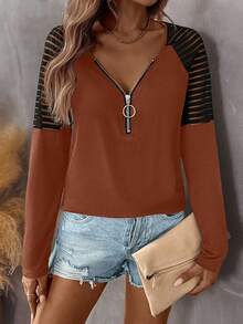 EMERY ROSE Women's Autumn Splice Shoulder Zip V-Neck Raglan Long Sleeve Casual Knit T-Shirt