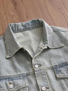 SWAVVY 男士休闲浅蓝色水洗牛仔长袖外套，适合秋季穿着，情侣装 - 淺色水洗藍 - 查看 3