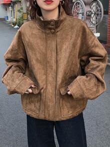 FRIFUL Áo khoác nữ vải da lộn màu nâu trơn cổ đứng vai trễ tay dài túi lớn viền trang trí rộng rãi thường ngày đa năng, mùa thu - Cà phê nâu - Xem 7