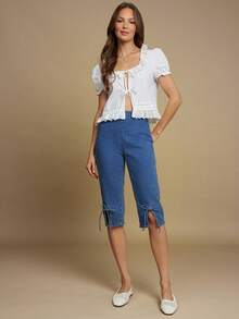 WESTFADE 中腰可爱蝴蝶结前开叉七分牛仔裤，适合女士西部风、秋季、冬季、波西米亚风、纳什维尔乡村音乐会 - 中等水洗藍 - 查看 3