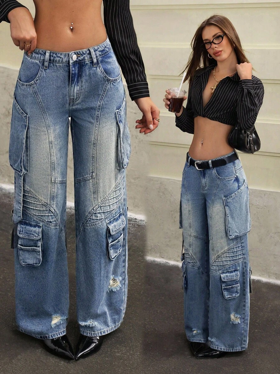 Jeanoix Women Fashion Casual Street Vintage Y2K Jeans - Dark Wash - View 1