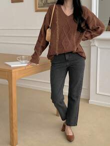 DAZY Damen Loose Fit V-Ausschnitt Langarm einfarbiger Vintage Lässig Strickpullover, Herbst/Winter - Braun - Übersicht 3