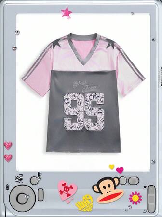 Paul Frank X ROMWE Camiseta de mujer talla grande con bloque de color, patrón de dibujos animados, aplicaciones, bordados y rhinestones