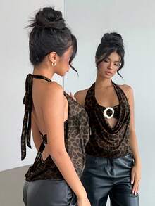 Aloruh Nueva blusa sin mangas con escote pronunciado y estampado de leopardo semitransparente, con decoración metálica moderna, adecuada para eventos formales, festivales de música y citas elegantes