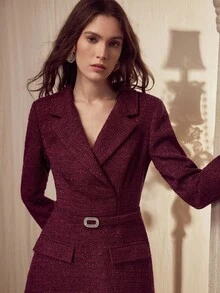 MOTF PREMIUM 秋冬款粗花呢翻领喇叭下摆水钻腰带连衣裙 - 中紫紅色 - 查看 1