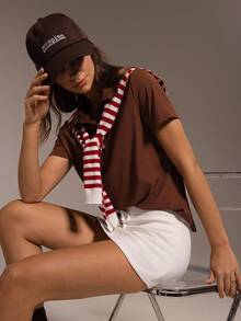 Hanevo Women's Solid Color Ribbed Polo Collar Short Sleeve Casual T-Shirt - Brown - View 6