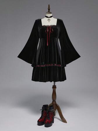 Goth Vestido de terciopelo con mangas acampanadas, cintura y estilo vintage romántico y dulce para talla grande, vestido de cumpleaños