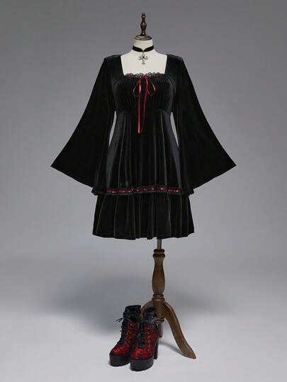 Goth Robe vintage romantique à manches évasées en velours taille haute