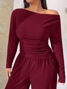 SHEIN EZwear Bộ đồ dệt kim dài tay màu đỏ rượu vang 2 món và quần dài, cỡ lớn, ôm vừa vặn - Màu Đỏ Sâu - Xem 6
