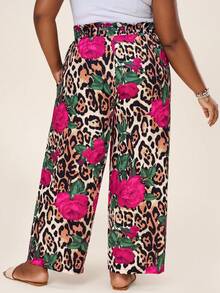 SHEIN LUNE Pantalones casuales de talla grande para mujer con estampado de leopardo y floral, de cintura alta y sueltos, para el verano. Pantalones casuales, pantalones para salir de "Old Money" - Multicolor - Ver 3