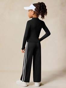 Sparklyn 四向弹力高弹力年轻女孩黑色罗纹拼接长袖夹克和紧身直筒裤套装，修身瑜伽健身休闲户外运动套装 - 黑色 - 查看 7