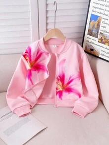 Girls' Pink Casual Jacket With Printed Design Fall Winter - Pink - View 4