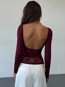 Aloruh Sexy Sheer Lace Long Sleeve Backless Top, Wine Red - Red Violet - View 8