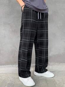 Claim Dot Men Casual Plaid Drawstring Waist Pants, Fall