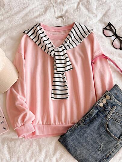 Tween Girls' Korean Style Casual Loose Oversized Drop Shoulder Round Neck Pink Cute Sweatshirt With Mini Cape, Suitable For Graduation, Back To School Season