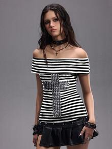 ROMWE EDITION Punk Sexy Y2K Striped Rivet Cross Women's Slim Fit T-Shirt