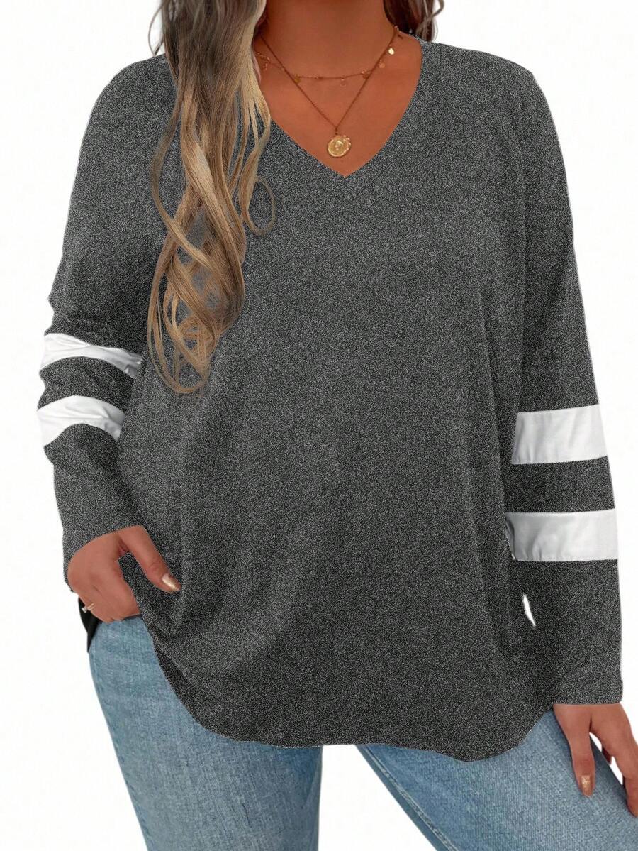 Plus Striped Print V Neck Tee Graphic Tees Women Tops - Dark Grey - View 1