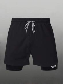 Manfinity Sport Corelite Men's Geometric Print Crew Neck Short Sleeve T-Shirt And Drawstring Waist Double Layer Shorts Sports Suit