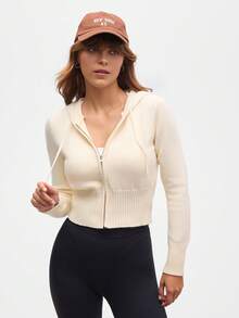 Easify SHEIN Sport كارديجان نسائي بسحاب وكابوشون بأكمام طويلة باللون الكريمي، كارديجان قصير، كارديجان نسائي بكابوشون، كنزة صوفية نسائية بكابوشون