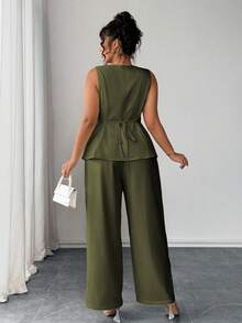 Elenzga Bộ đồ 2 món, Xuân/Hè dành cho nữ cao, trang phục hai mảnh, quần âu, bộ đồ mùa hè, bộ đồ hai mảnh, bộ đồ hai mảnh sang trọng dành cho nữ, bộ đồ 2 món - xanh quân đội - Xem 2