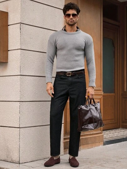 HIMLAND Erkek Günlük Düz Renk Orta Bel Arka Cepli İşlemeli Kot Pantolon Erkek Siyah Elbise Pantolonu Erkek Siyah Pantolon Erkek S Bol Düz Paça Günlük Pantolon Siyah Keten Pantolon Erkek