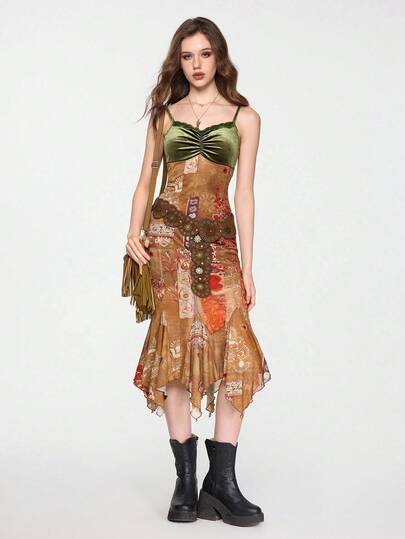 Hippie Robe en velours vintage texturée et blocs de couleurs plissée pour femmes