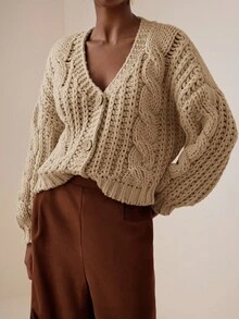 Vesra Women's Casual Elegant V-Neck Dropped Shoulder Loose Chunky Cable Knit Cardigan Fall Winter Cloth For Women - Khaki - View 5