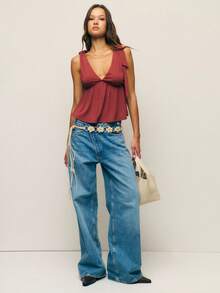 Nöista 女式性感纯色深V领无袖系带短款上衣，夏季 - 紅木色 - 查看 4