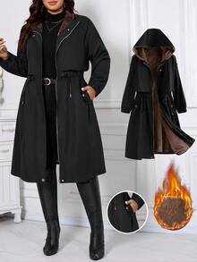 SHEIN Clasi 女士秋冬季保暖带衬里抽绳连帽外套 - 黑色 - 查看 4