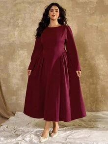 Roveilla 大码女式优雅法式浪漫复古办公室通勤街头风格下午茶派对感恩节返校方领 A 字长袖超长连衣裙，腰带蝴蝶结和泡泡袖 - 紫紅色 - 查看 5