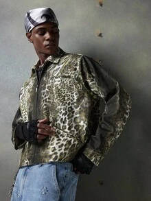 NEON BLANC Men's Fashionable Leopard Print Detroit Long Sleeve Jacket, For Fall Winter - Brown - View 2