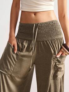 Bohemela Plus Size Women's Solid Color High Waist Loose Pockets Wide Leg Pants - Brown - View 13