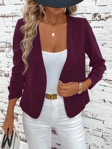 SHEIN Clasi 女士优雅荷叶边长袖百搭黑色夹克 - 紫紅色 - 查看 4