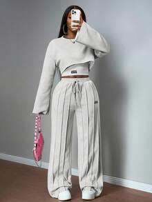 Slaydiva 2025 秋冬女式三件套休闲纯色运动服，长袖上衣和裤子，通勤和出差的百搭百搭服装 - 灰色 - 查看 1