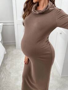 SHEIN Maternity Casual Commuter Solid Color Draped Neck Fitted Dress - Brown - View 5