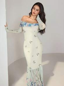 Modelyn 女士露肩蝴蝶印花网眼长袖修身连衣裙 - 彩色 - 查看 6
