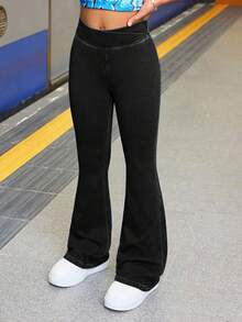 SHEIN Teen Girl Fashion Casual Blue Denim Daily Exercise Basics Stretch Slim Flared Jeans For Girls Soft Dailywear And The Four Seasonsr Teen Girl Clothes Flare Jeans Flare Leg Pants Fall Winter - Black - View 4