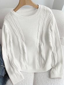 SHEIN Teen Girl White Crew Neck Loose Fit Cable Knit Sweater, Collegiate Style Casual Pullover Cropped White Sweater Fall Winter - White - View 2