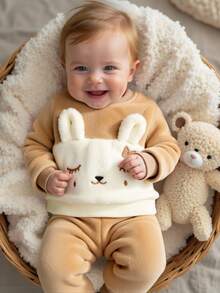 SHEIN 秋冬新款婴儿两件套，超可爱卡其色猫咪蝴蝶结图案，时尚两件套毛绒套装婴儿衣服套装