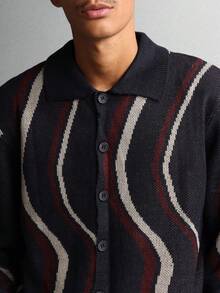 SUMWON 纽扣针织开衫斜波浪纹针织毛衣秋冬休闲装经典复古风格翻领钩针纹理针织衫 - 彩色 - 查看 3