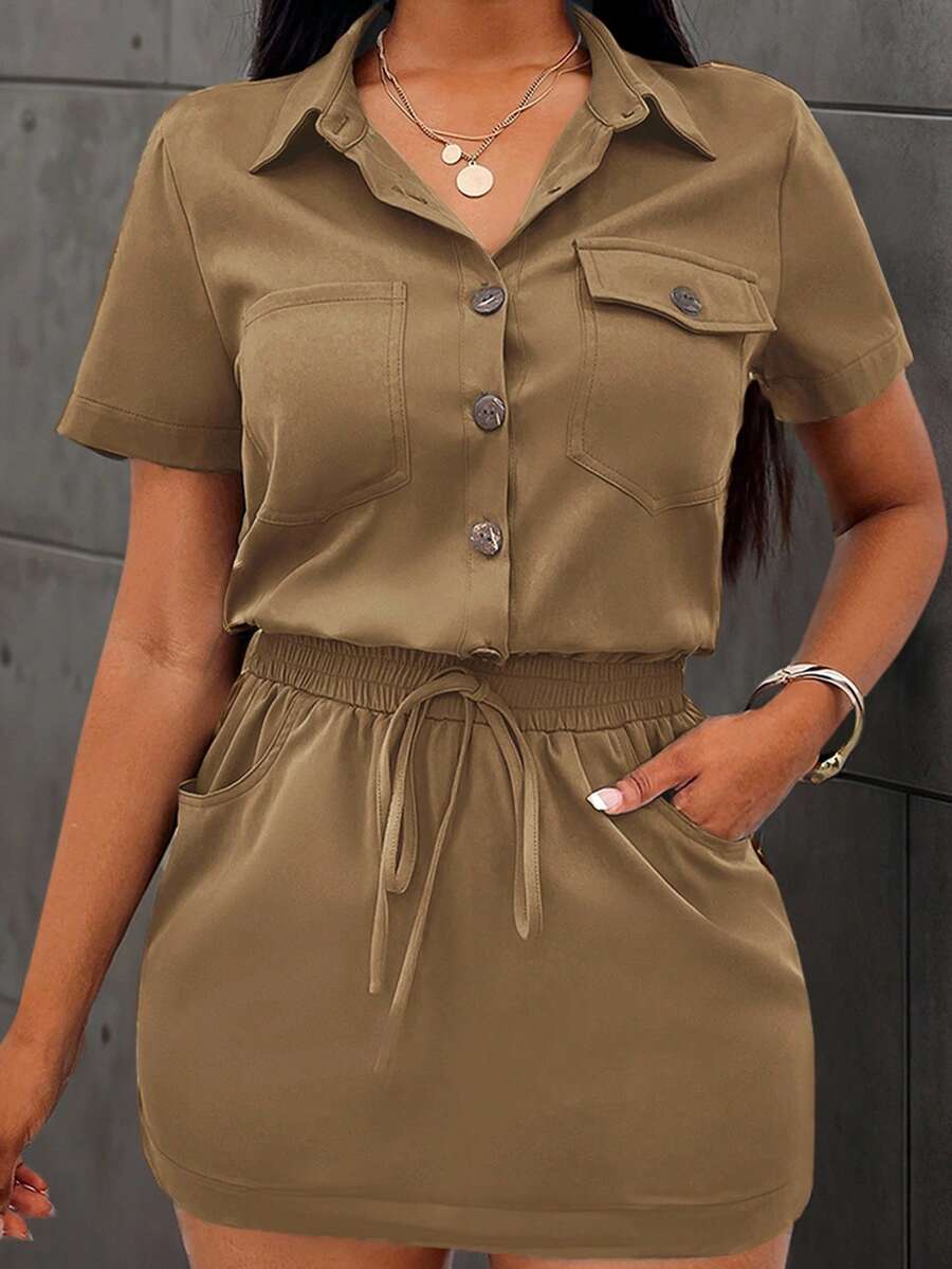 SHEIN LUNE Women Summer  Workwear Multi-Pocket Shirt Hip Short Dress - Khaki - View 1