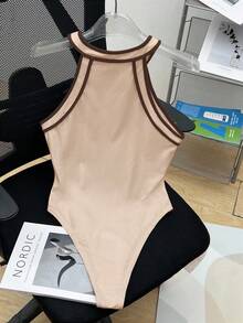 SHEIN LUNE 撞色饰边露背紧身衣，女式休闲运动紧身衣 - 杏色 - 查看 2