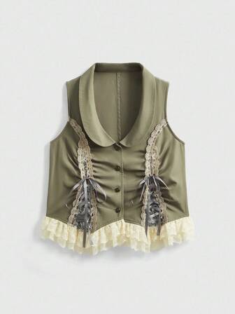 ROMWE Avant Damen Kontrast Spitze Schleife Design Einreihige Mode Bluse