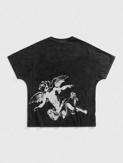 Goth Men's Vintage Angel Print Loose Fit Streetwear T-Shirt, 2000s Style