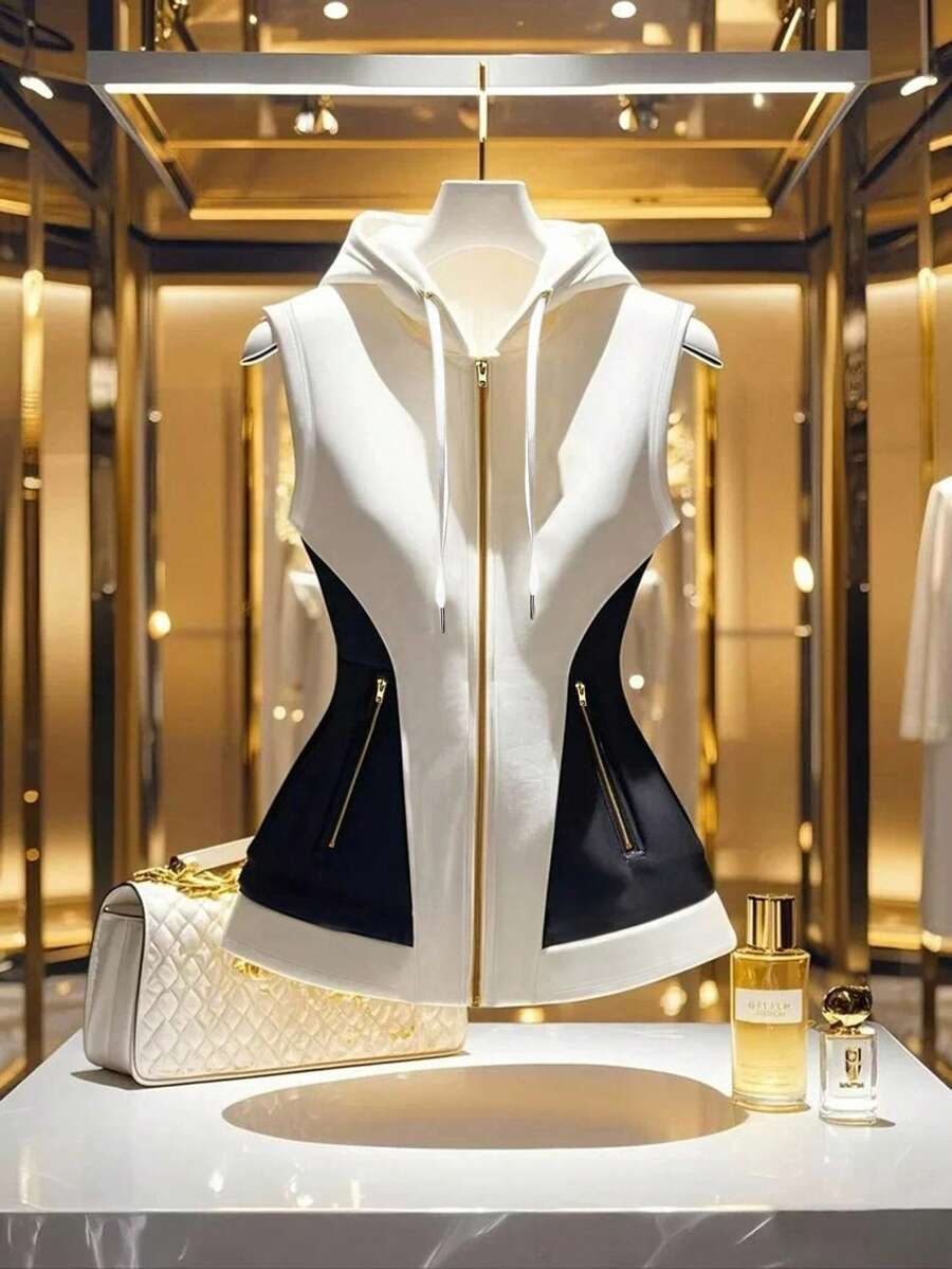 SHEIN Clasi Áo nỉ trùm đầu không tay có mũ trùm đầu in chữ kim loại dành cho nữ, tốt nghiệp, giáo viên, trở lại trường, mùa thu - Đen và trắng - Xem 1
