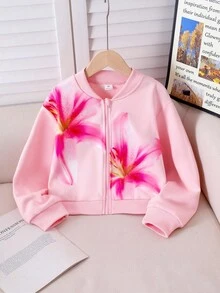 Girls' Pink Casual Jacket With Printed Design Fall Winter - Pink - View 1