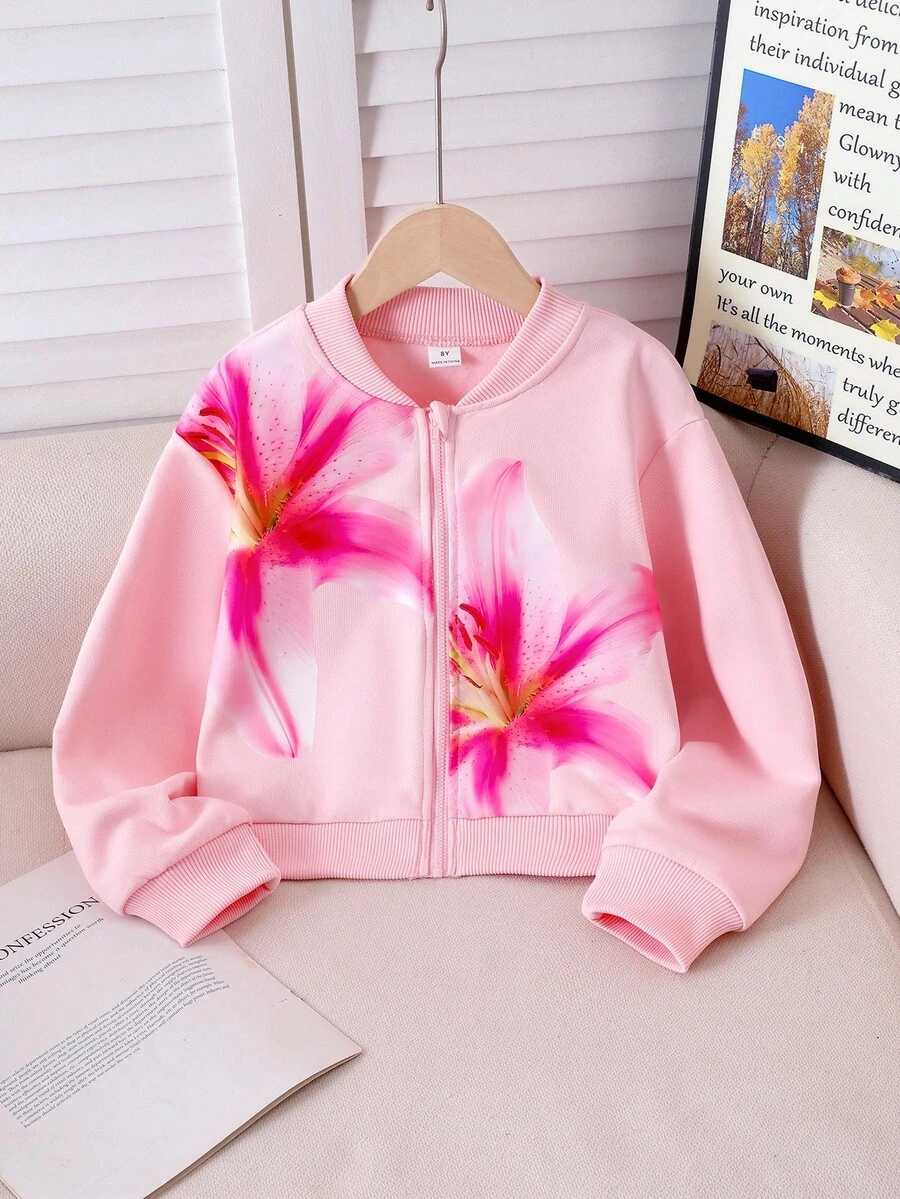 Girls' Pink Casual Jacket With Printed Design Fall Winter - Pink - View 1