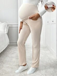 SHEIN Maternity Casual Peach Solid Color Adjustable Waist Pocket Pants,Autumn Comfy Clothing Pregnancy Pants,Winter Chic Clothes Going Home From Hospital - Apricot - View 1