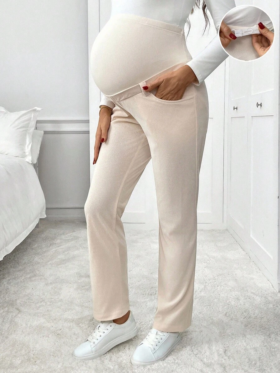 SHEIN Maternity Casual Peach Solid Color Adjustable Waist Pocket Pants,Autumn Comfy Clothing Pregnancy Pants,Winter Chic Clothes Going Home From Hospital - Apricot - View 1