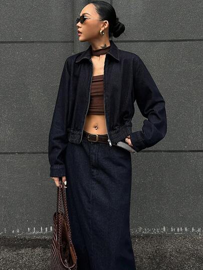 DAZY 2pcs Women Casual Denim Top And Skirt Set, Autumn